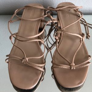 Minimal strappy nude block heels